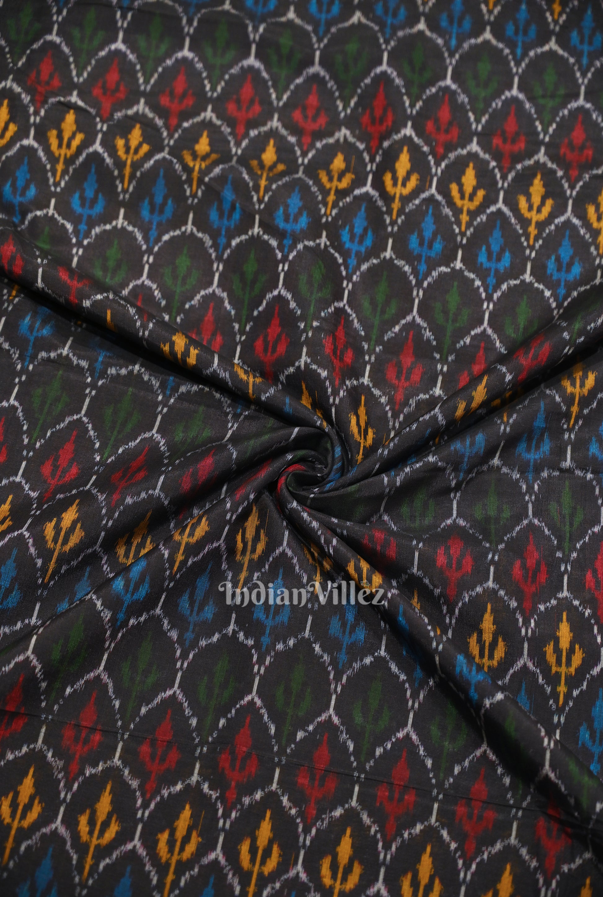 Black with Tribal Motif Pochampally Ikat Silk & Cotton (Sico) Fabric 