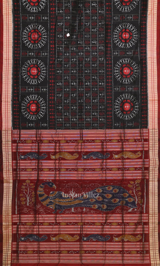Black Maroon Tribal Jhoti Theme Odisha Ikat Sambalpuri Silk Saree 