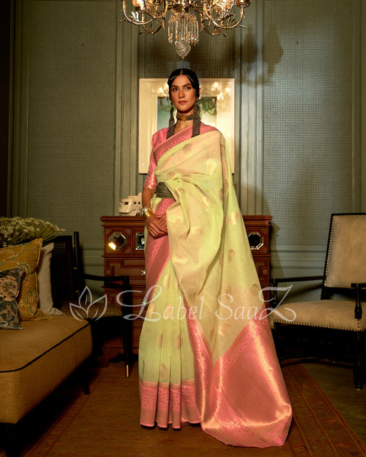 Lemon Pink Linen Handloom with Copper Zari Weaving 