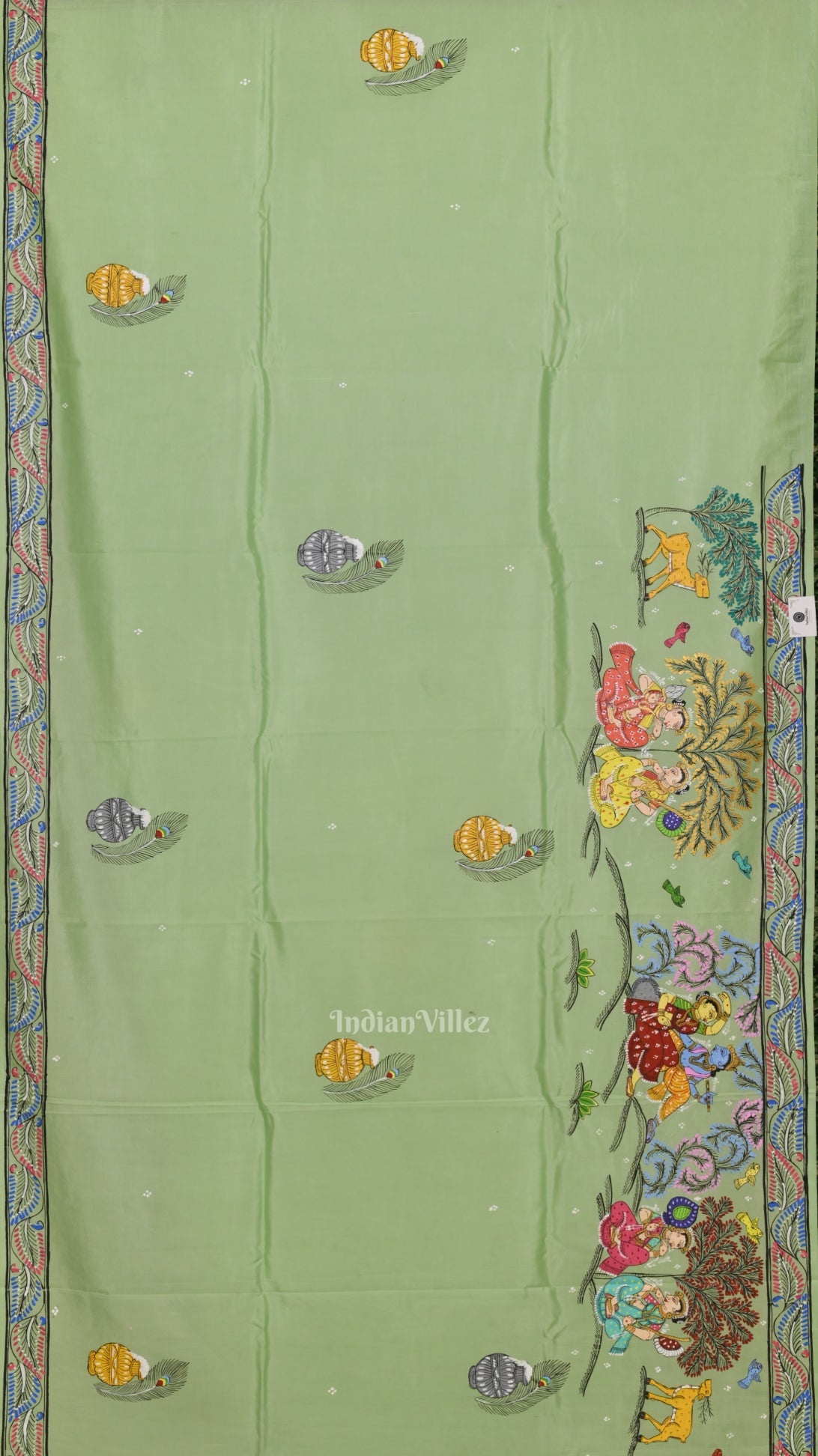 Pista Green Krishna Rasa Leela Hand-Painted Pattachitra Saree