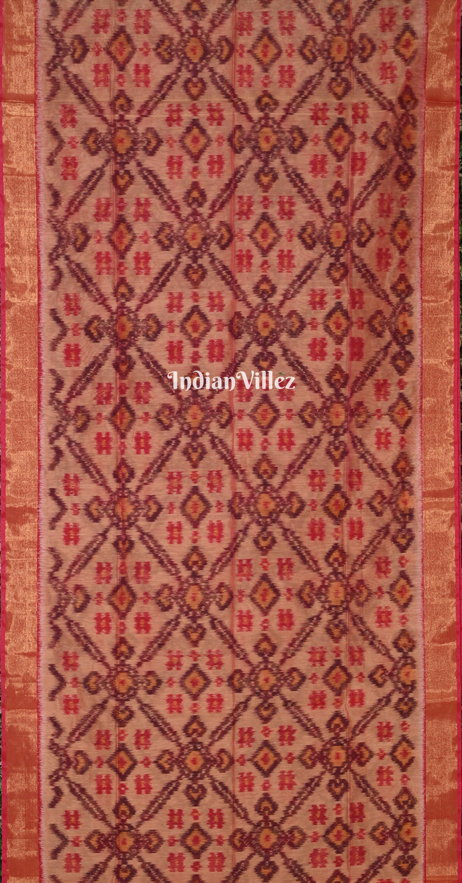 Peach Red Pochampally Ikat Silk Cotton (Sico) Saree 