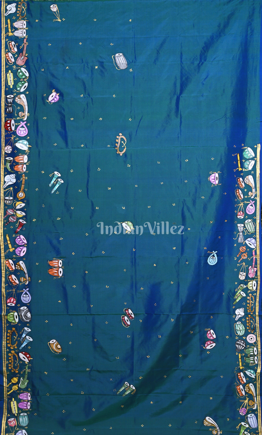 Peacock Blue Sitar Instrument Hand-Painted Pattachitra Saree 