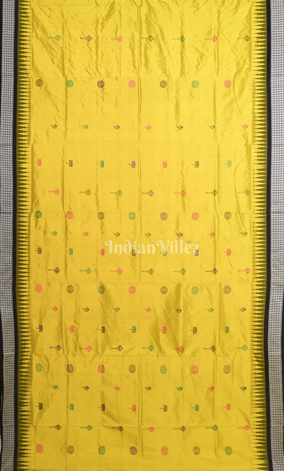 Yellow Black Odisha Ikat Bomkai Sambalpuri Silk Saree with Dasabatara Anchal