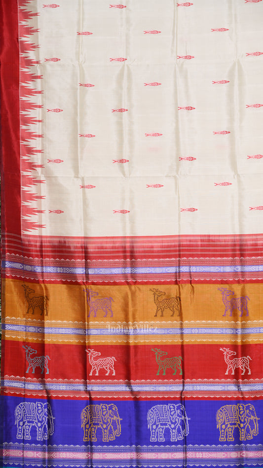 White Fish Motif With Double Pallu Berhampuri Silk Saree 