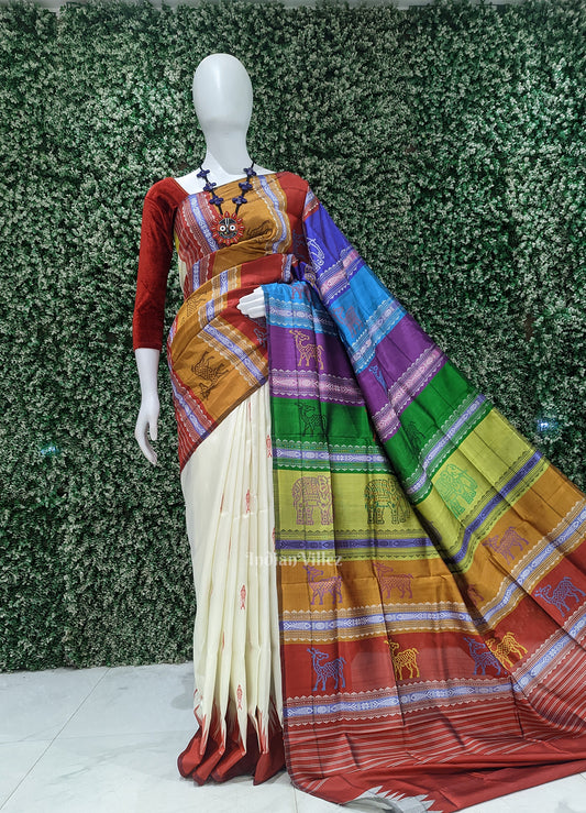 White Fish Motif With  Animal Theme Double Pallu Berhampuri Silk Saree