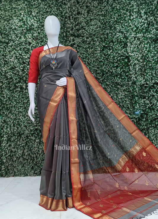 Cement Gray Red Pure Silk Cotton Maheswari Saree with Zari Border