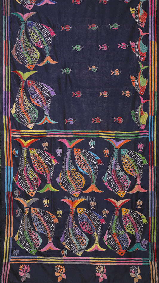 Navy Blue Handwoven Kantha Stitch Silk Saree 