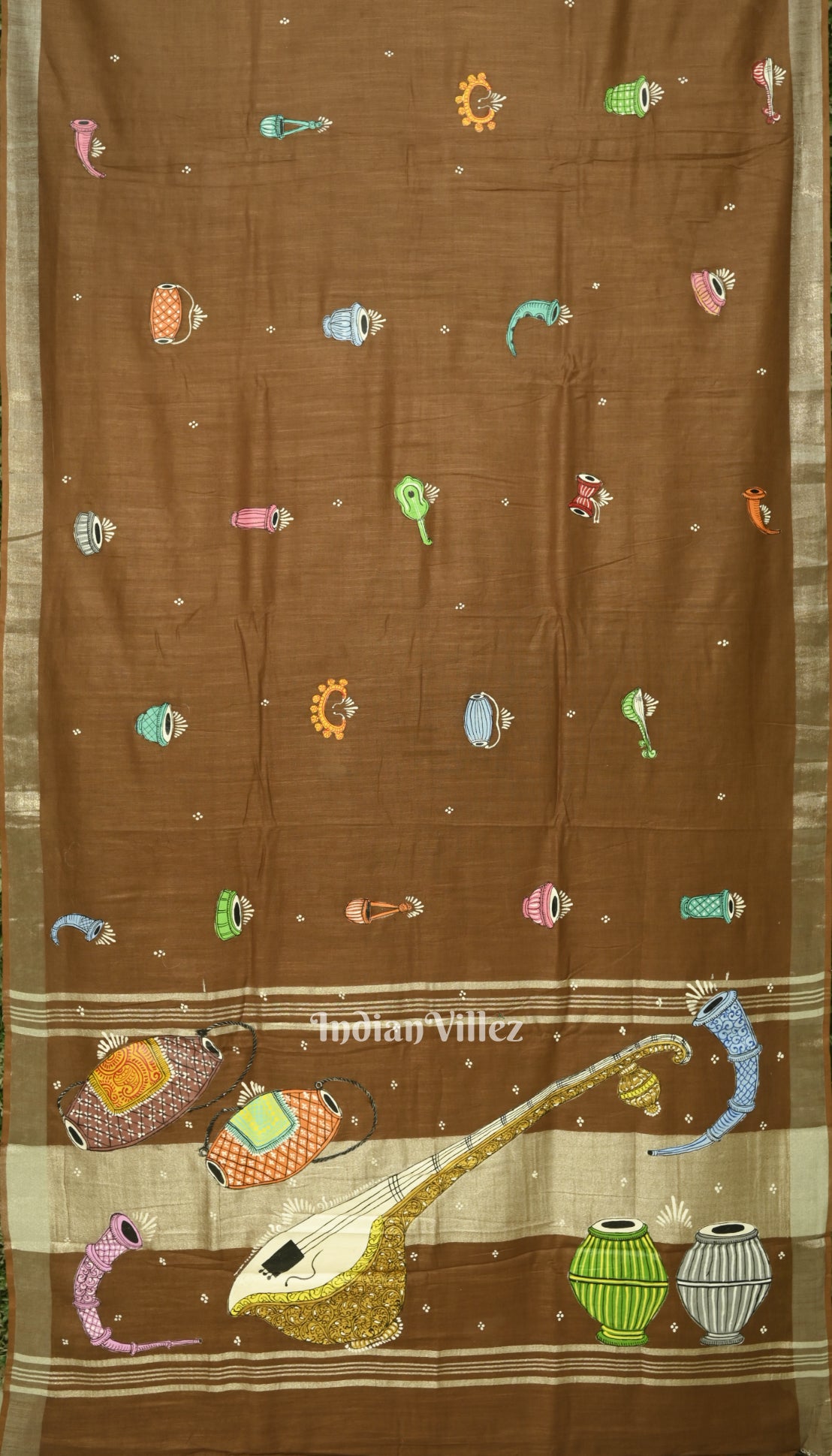 Caramel Musical Theme Hand-Painted Pattachitra Linen Saree With Zari Border