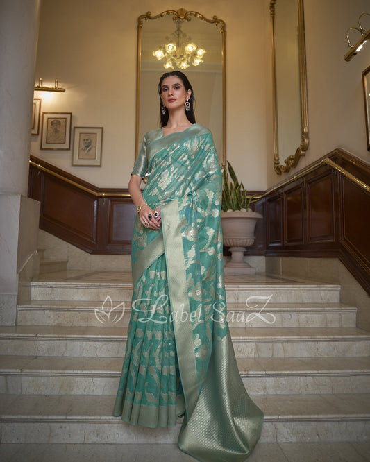 Ocean Green Dual Tone Handloom Weaving Organza Saree With Blouse Piece