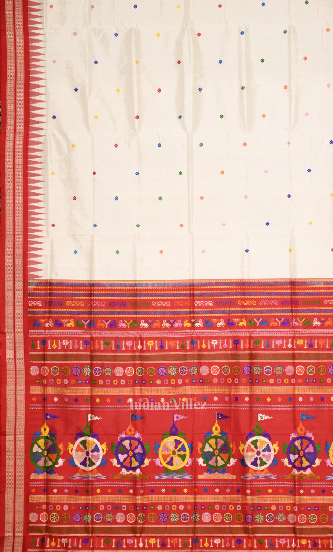 Exclusive White Red Nila Chakra Bomkai Sambalpuri Ikat Silk Saree