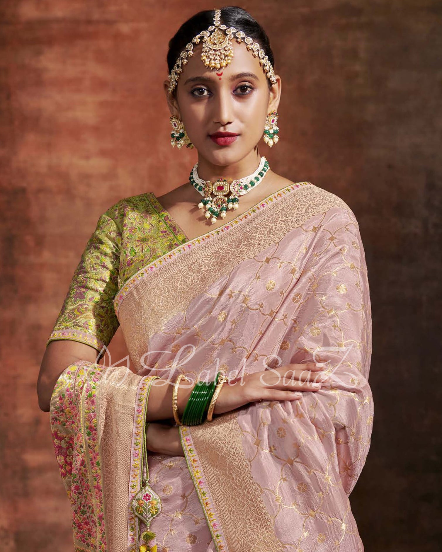 Peach Green Designer Meenakri Banarasi with Kashmiri Embroidery and Heavy Blouse