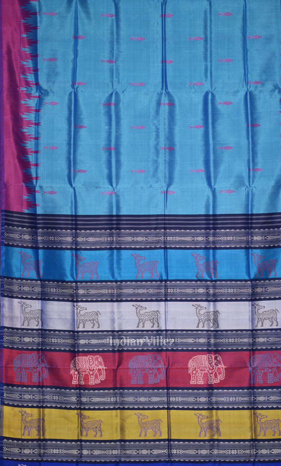  Sky Blue Fish Motif Double Pallu Berhampuri Silk Saree 