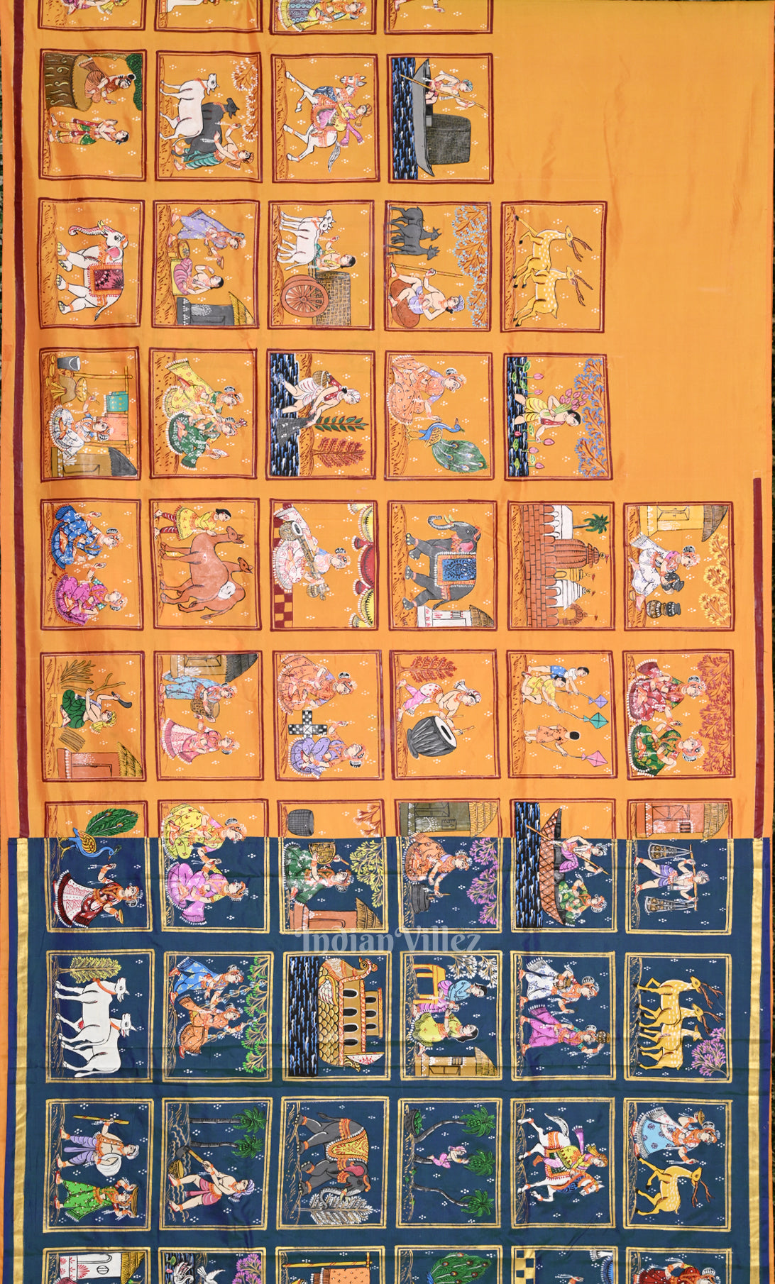 Blue Yellow Krishna Raas Village Theme Hand- Painted Pattachitra Saree