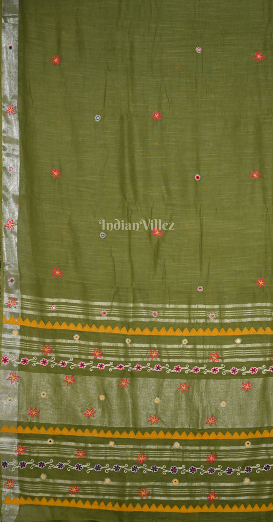 Mehendi Green Hand Embroidered Applique Work Saree