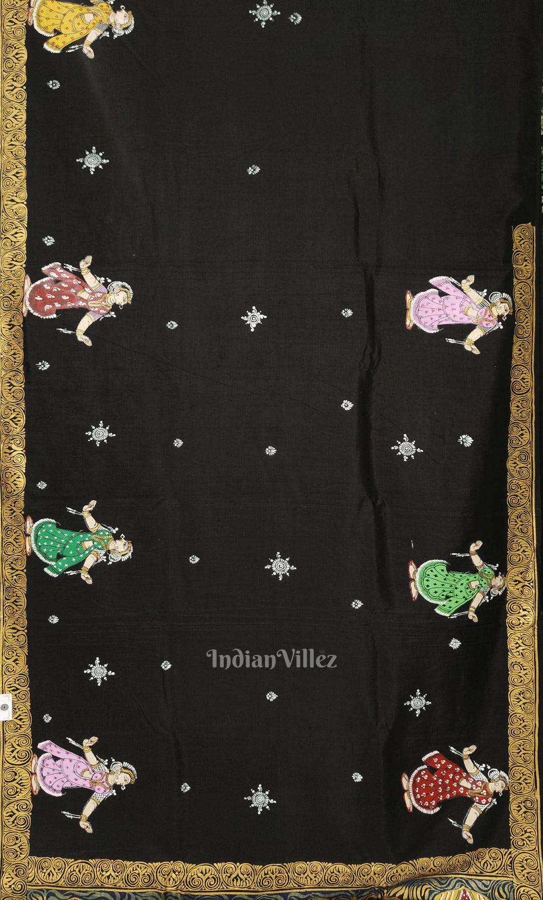 Black Ramayana Theme Hand-Painted Pattachitra Saree