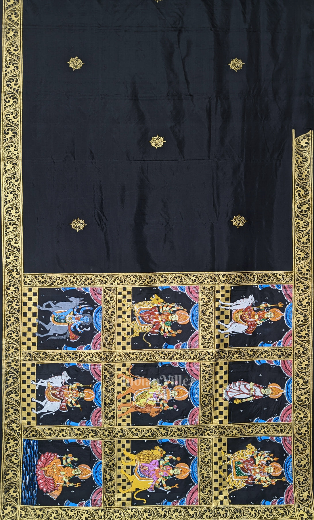 Black Navaratri Durga Puja Theme Hand-Painted Pattachitra Saree 
