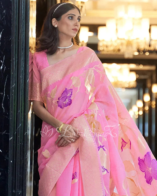 Pink Floral Handwoven Linen Saree
