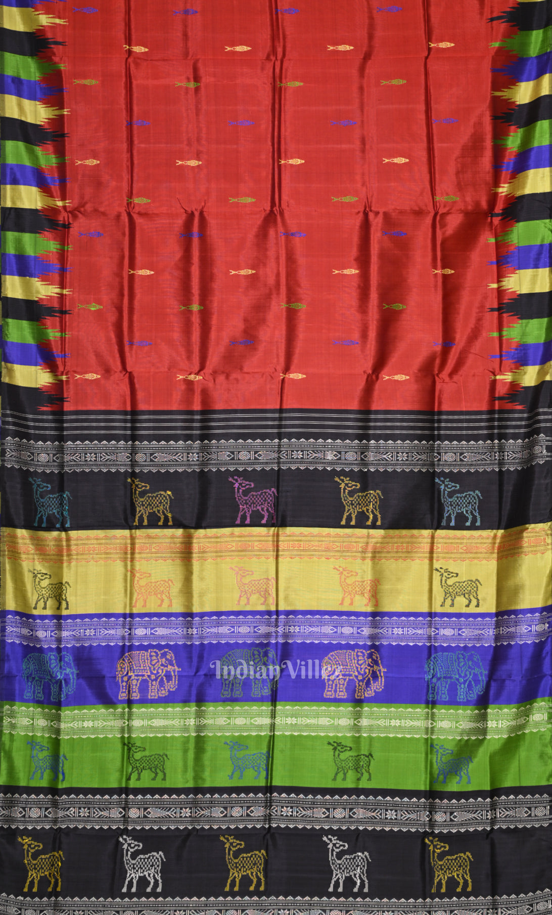 Red Fish Motif Double Pallu Berhampuri Silk Saree