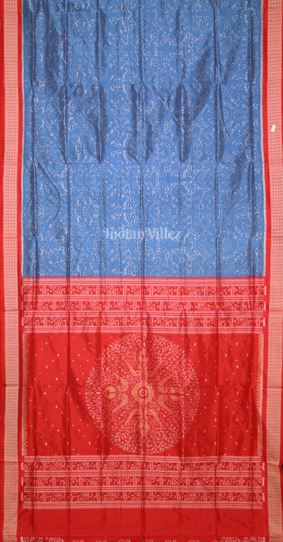 Peacock Blue Red Lotus & Animal Motif Odisha Ikat Sambalpuri Silk Saree 