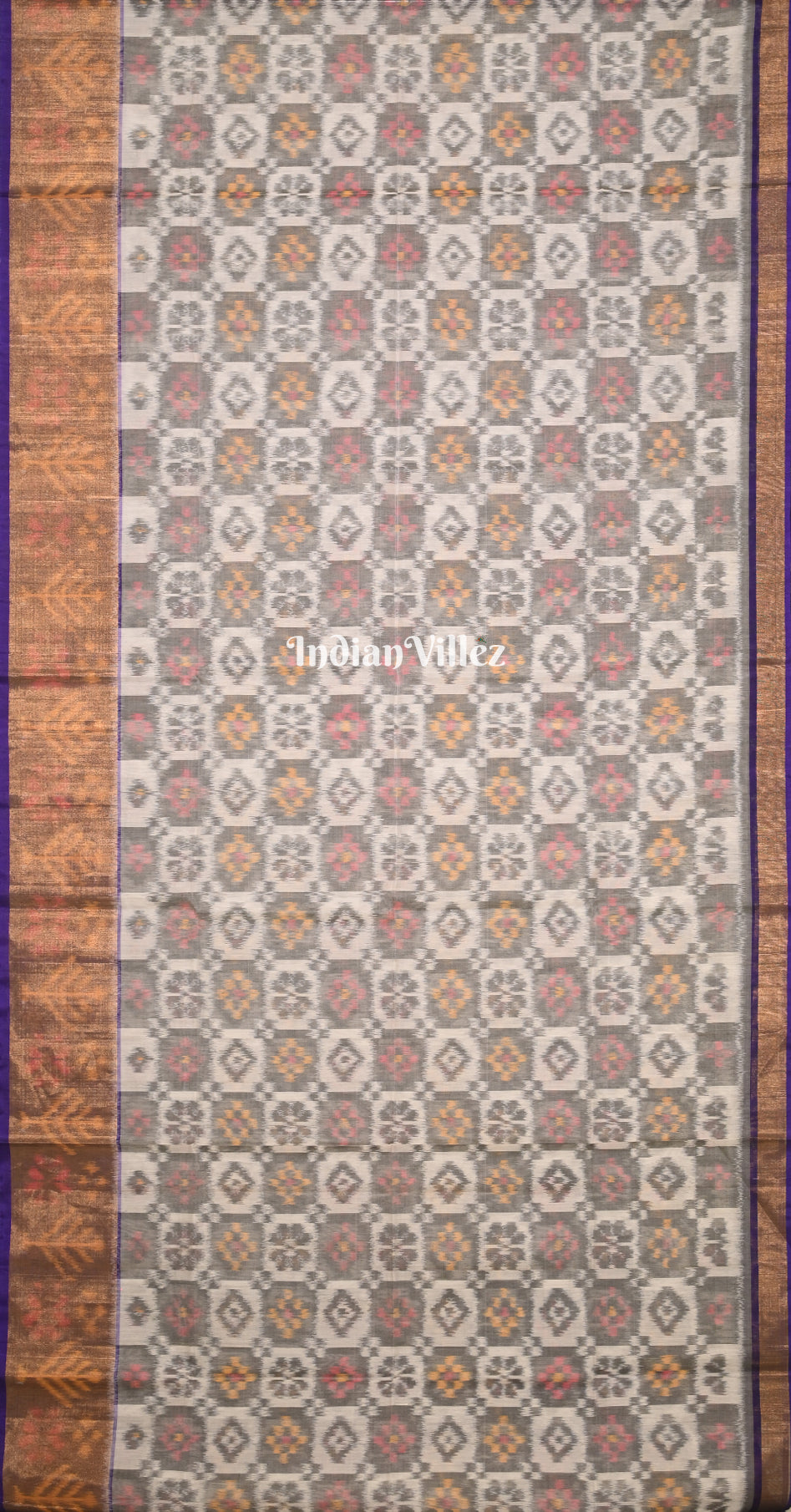 Off White Purple Pochampally Ikat (Sico) Saree 