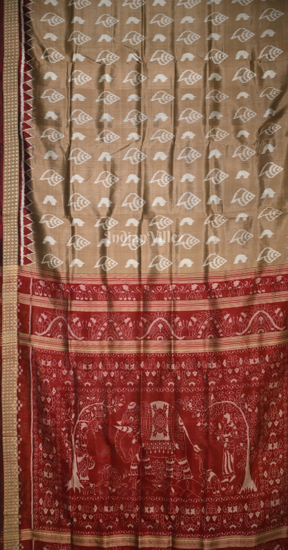 Beige Maroon Sankha Theme Odisha Ikat Sambalpuri Silk Saree
