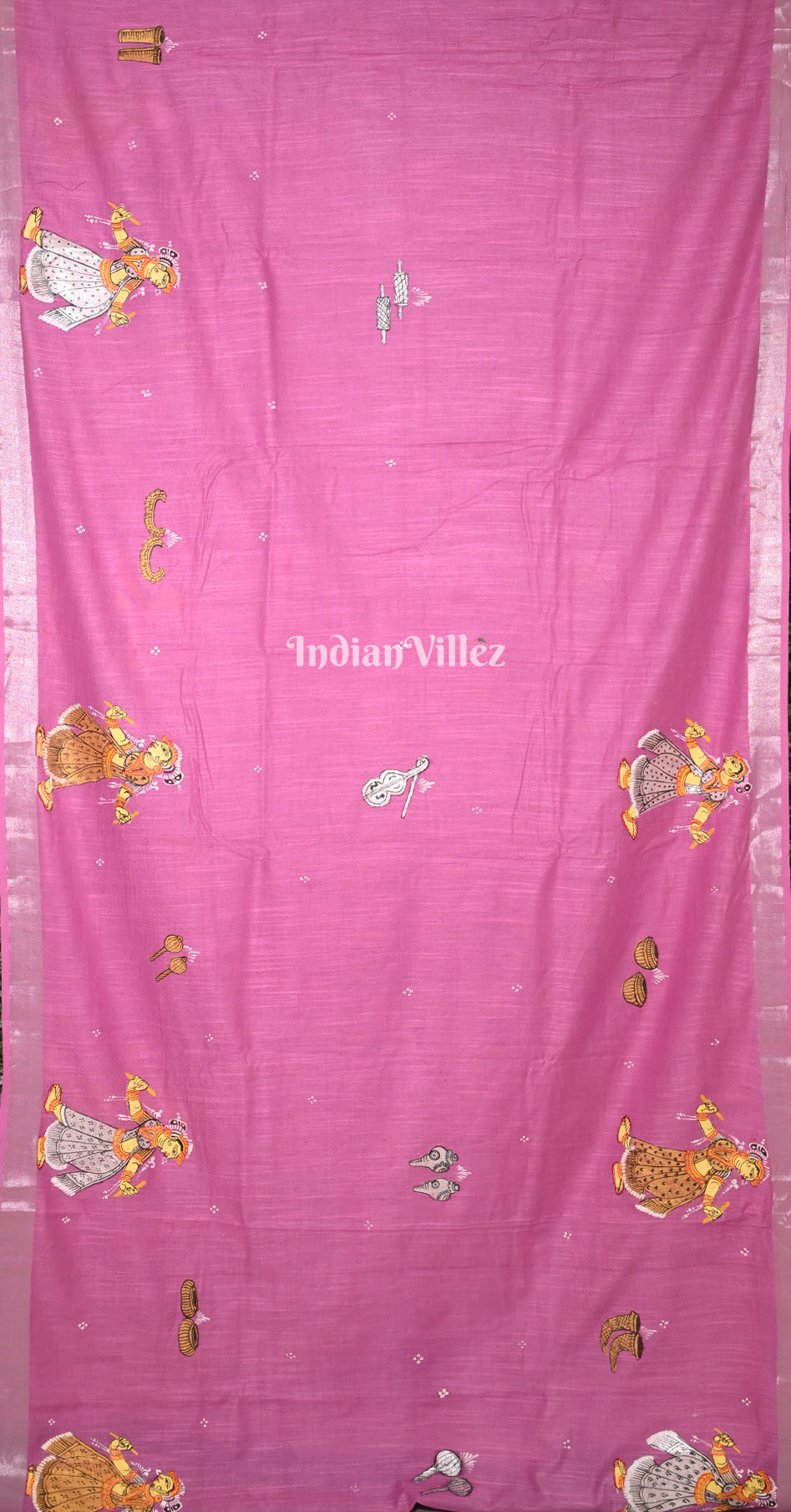 Pink Purple Dandiya Hand-Painted Pattachitra Saree