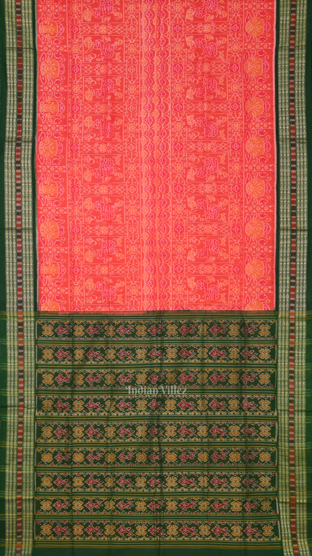 Peach Pink with Green Sambalpuri  Silk * Cotton (Bapta) Saree