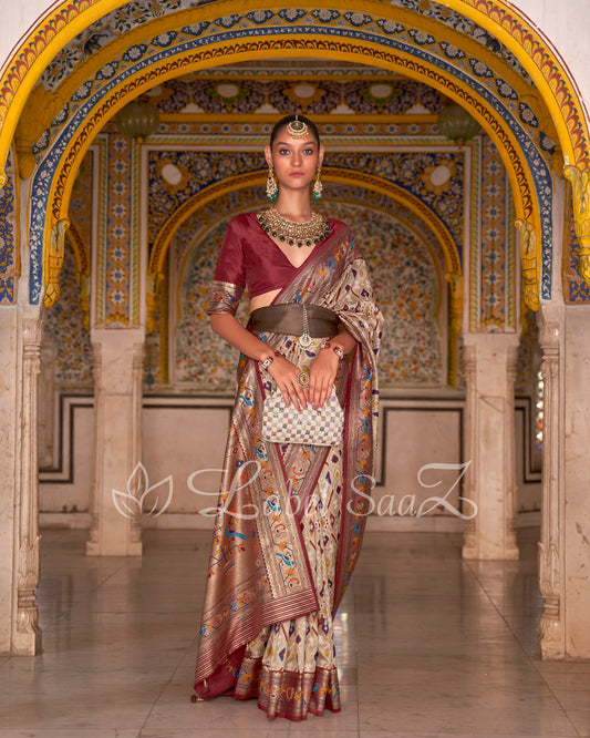 Beige Brown Patola inspired Pochampally with Paithani Border and Pallu