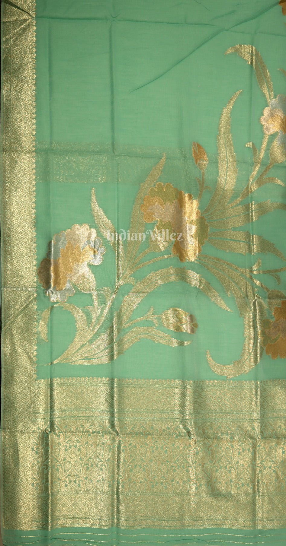 Mint Green Floral Linen Saree