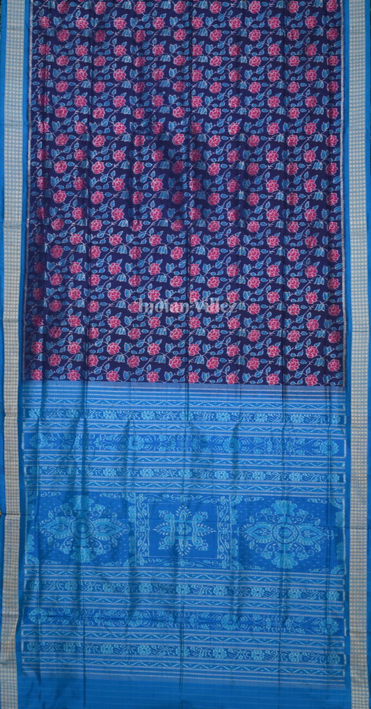 Blue Red Rose Motif Odisha Ikat Sambalpuri Silk Saree