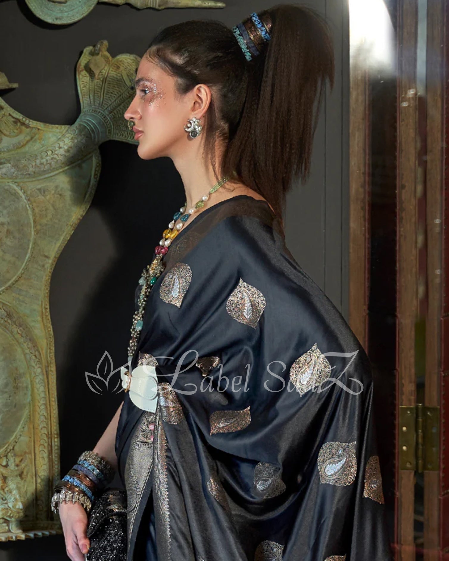Black Nylon Pure Handwoven Satin Silk Banarasi Saree