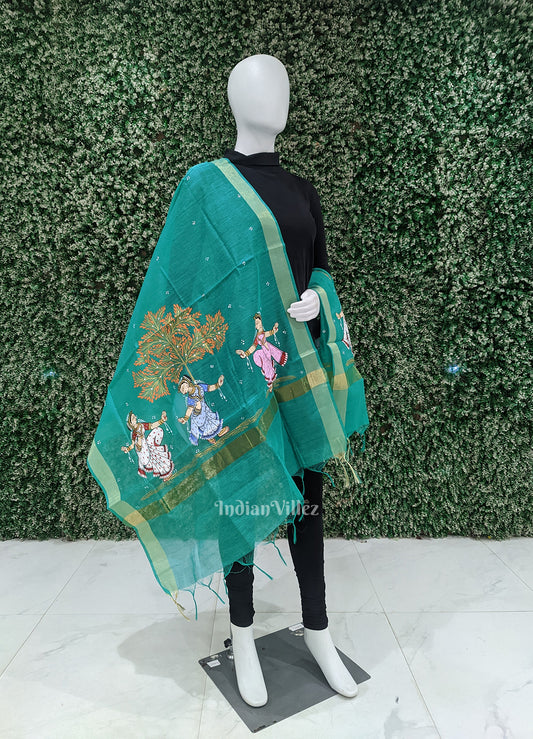 Green Nartaki Theme Patachitra Chanderi Dupatta