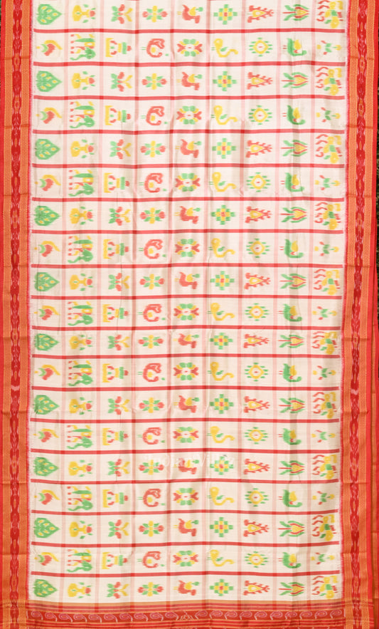 White Red Nabakothi Odisha Ikat Khandua Silk Saree 