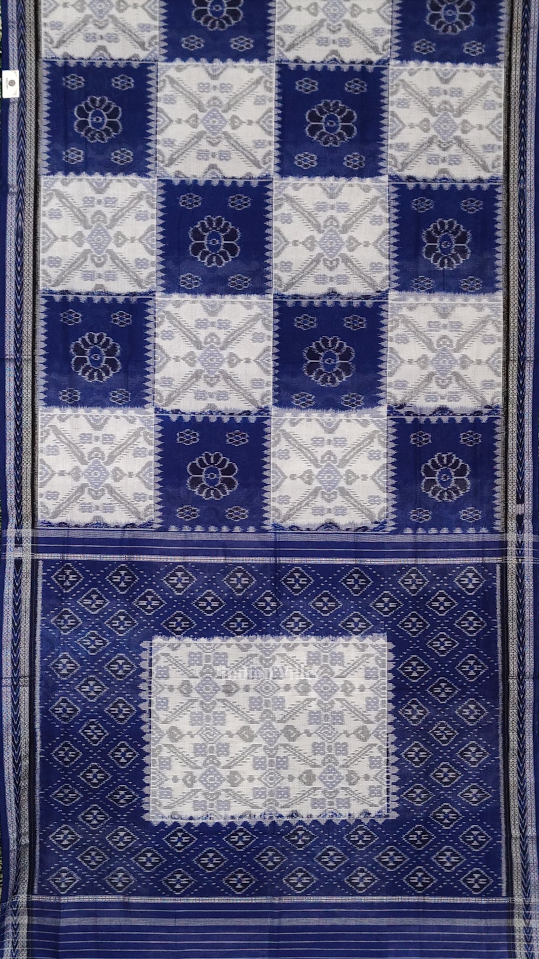 White Blue Pasapali Odisha Ikat Sambalpuri Cotton Saree
