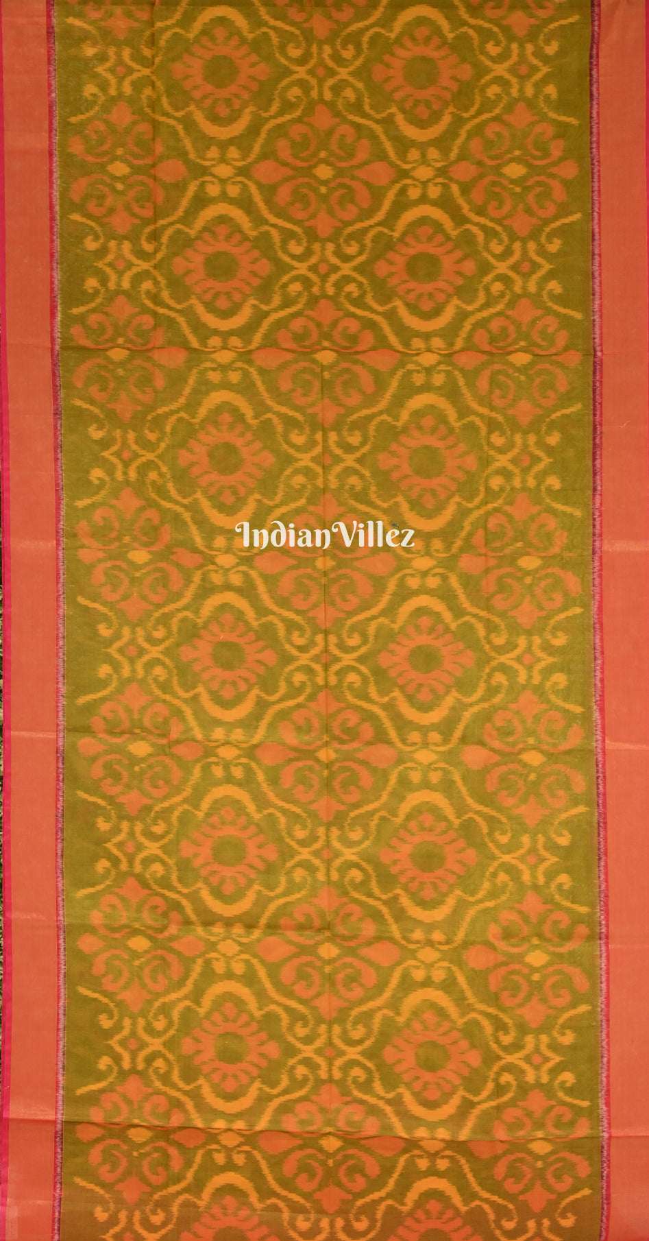 Mehendi Green Pink Pochampally Ikat Silk Cotton (Sico) Saree
