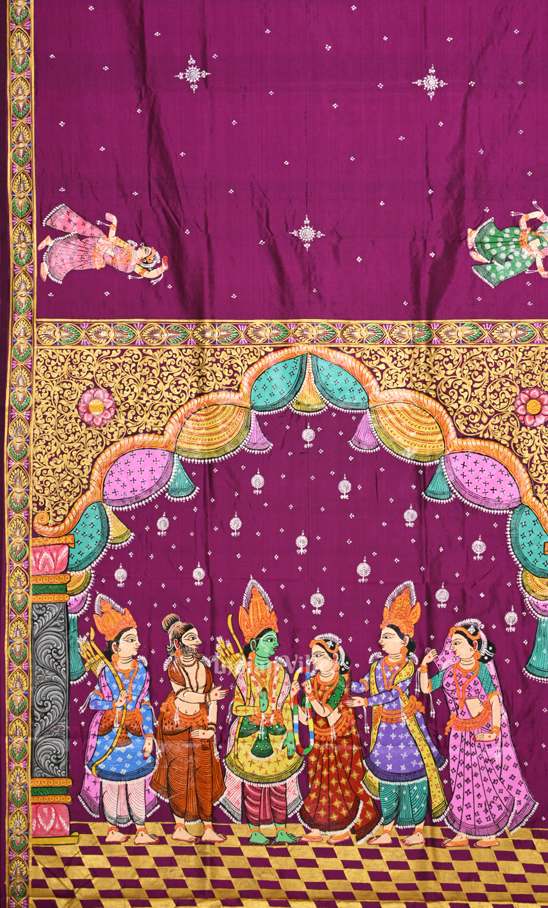 Purple Wine  Ramayan Theme Hand-Painted Pattachitra Saree 
