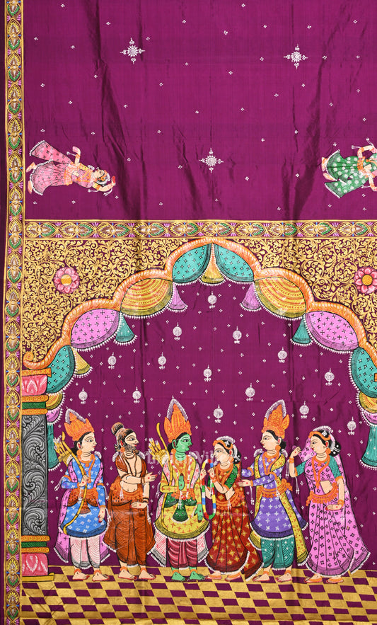 Purple Wine  Ramayan Theme Hand-Painted Pattachitra Saree 
