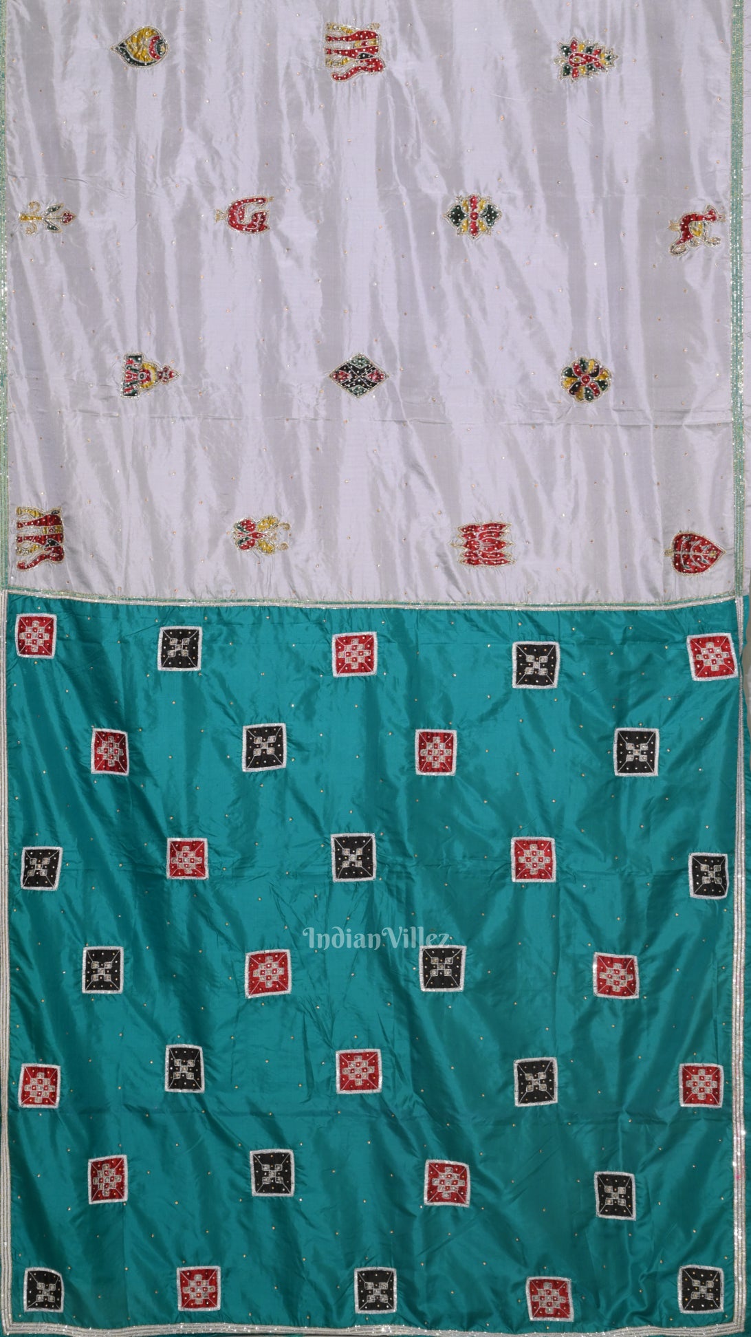 Blue Cement Square Motif Pure Silk Embroidery Saree