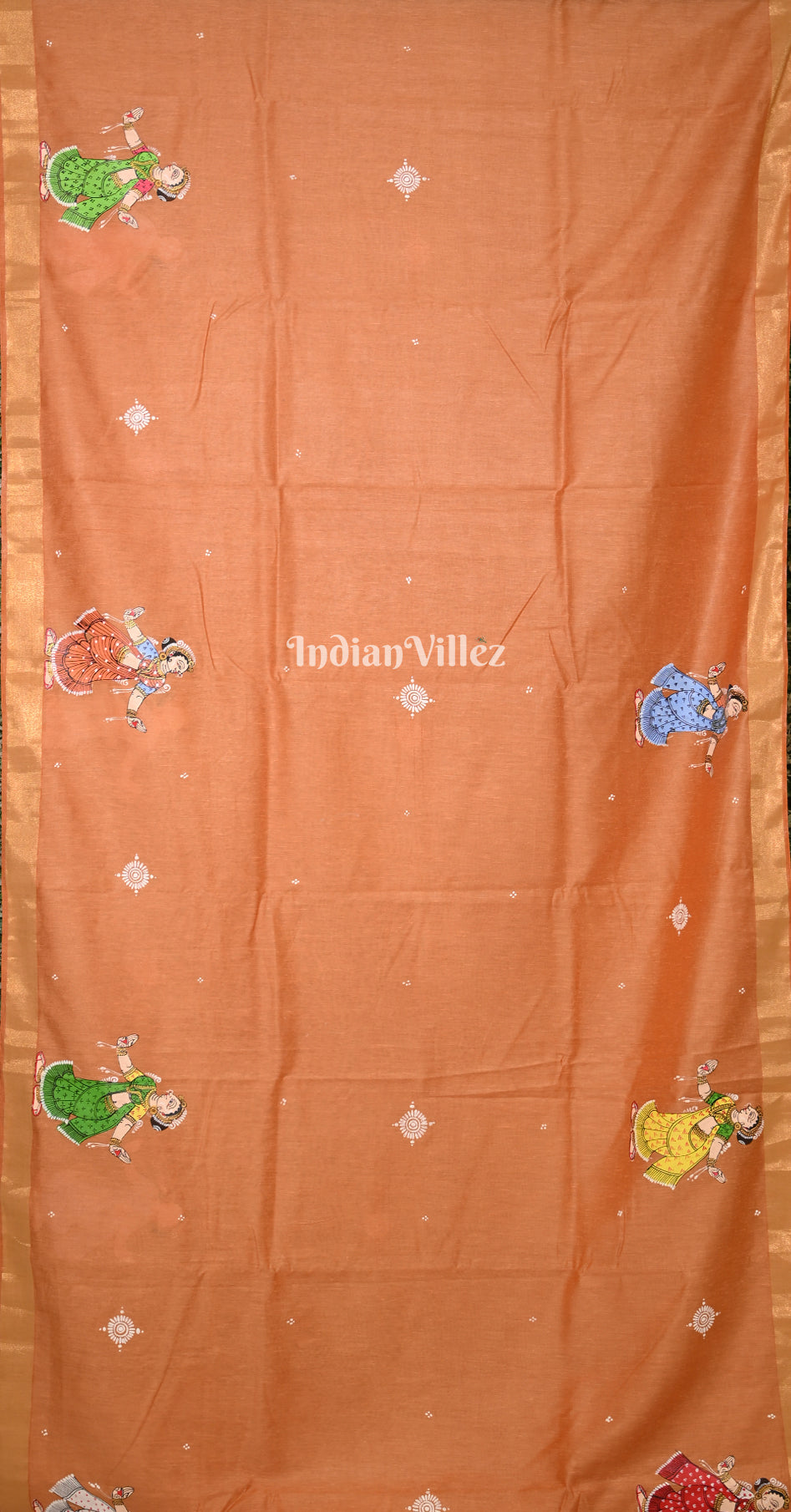 Orange Dandiya Hand-Painted Pattachitra Saree