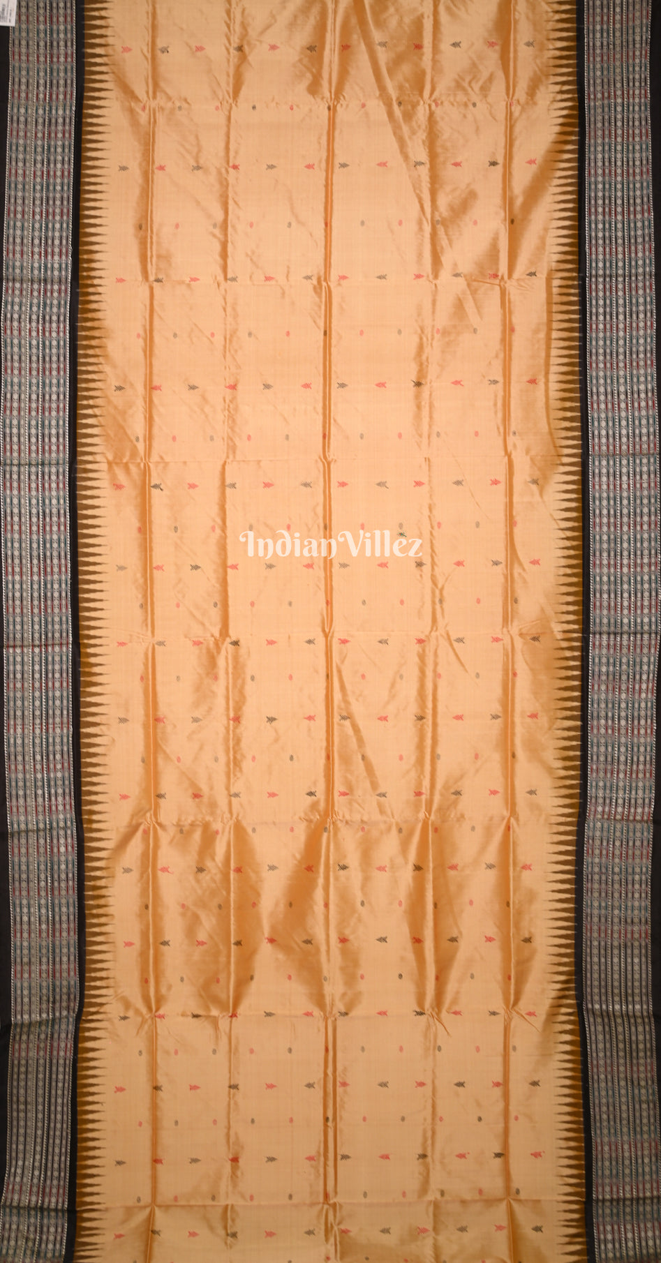 Beige Black Odisha Ikat Bomkai Sambalpuri Silk Saree with Konark Wheel Anchal