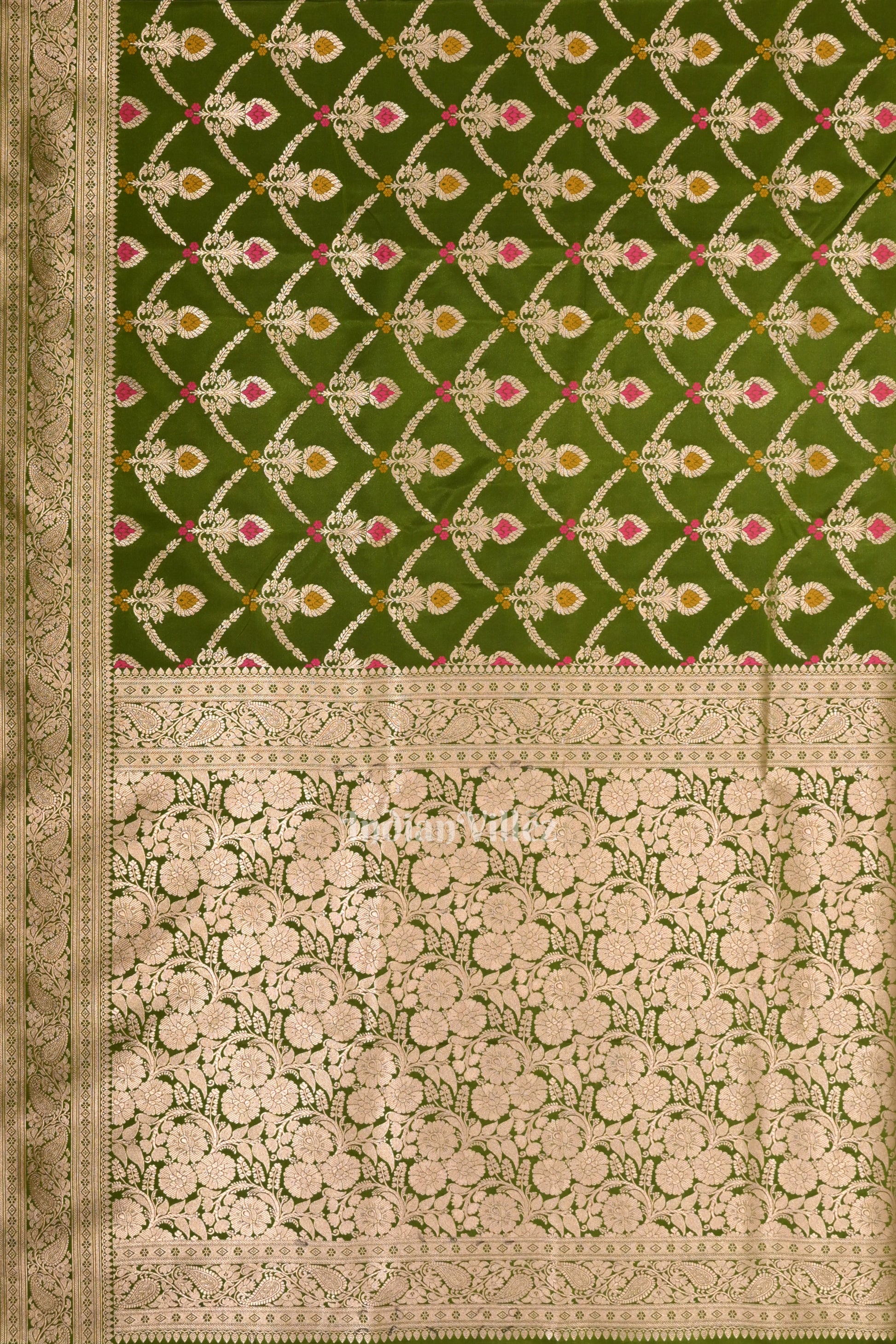Mehendi Green Meenakari Pure Mashru Satin Silk Banarasi Saree 