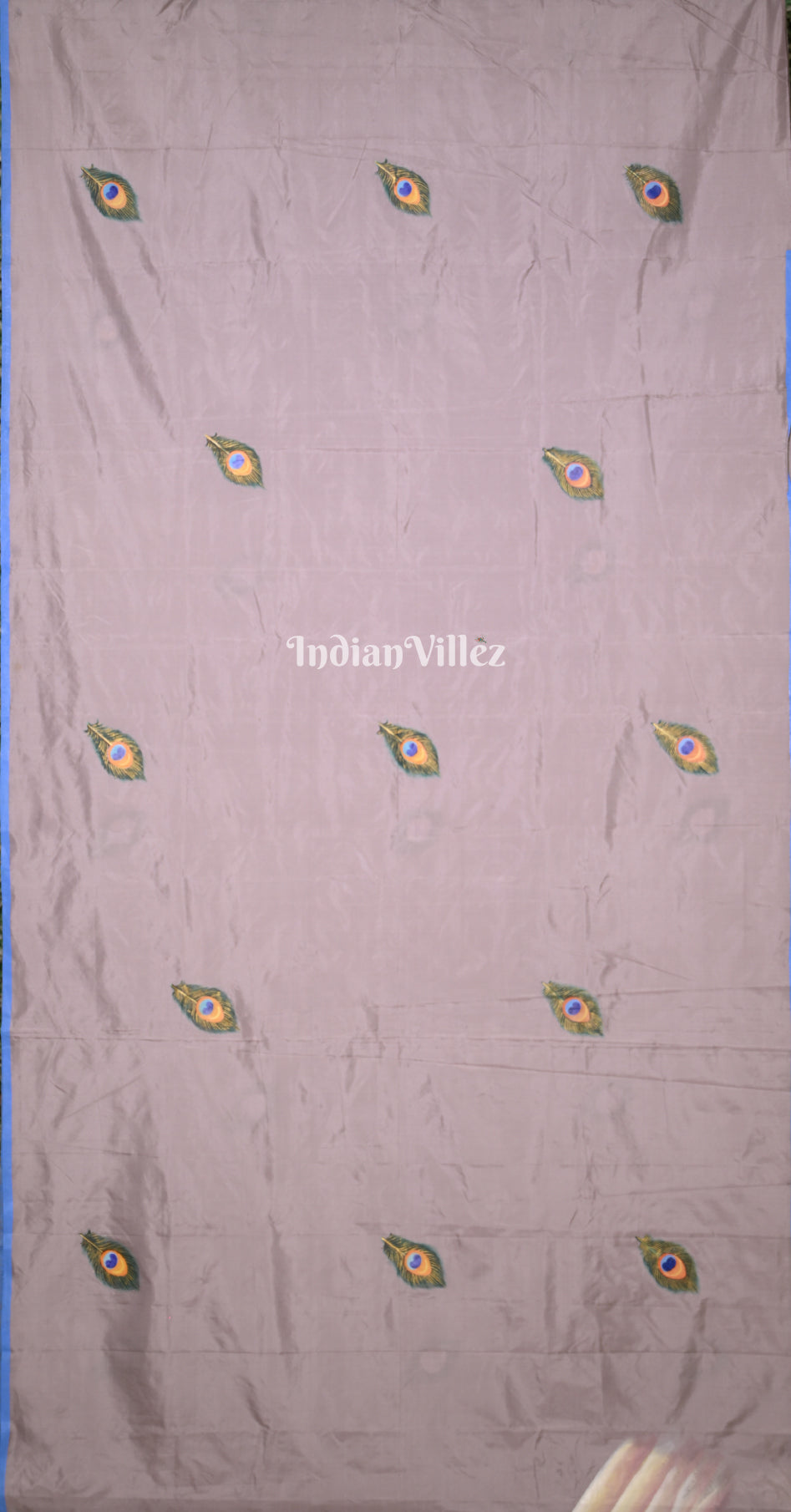 Lavender Lord Krishna with Peacock Feather Hand-Painted Pattachitra Saree 