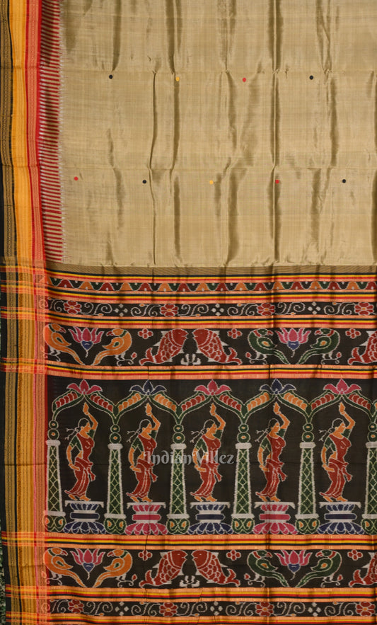 Beige Black Kathiphera Khandua Silk Saree with Odissi Dancer Pallu