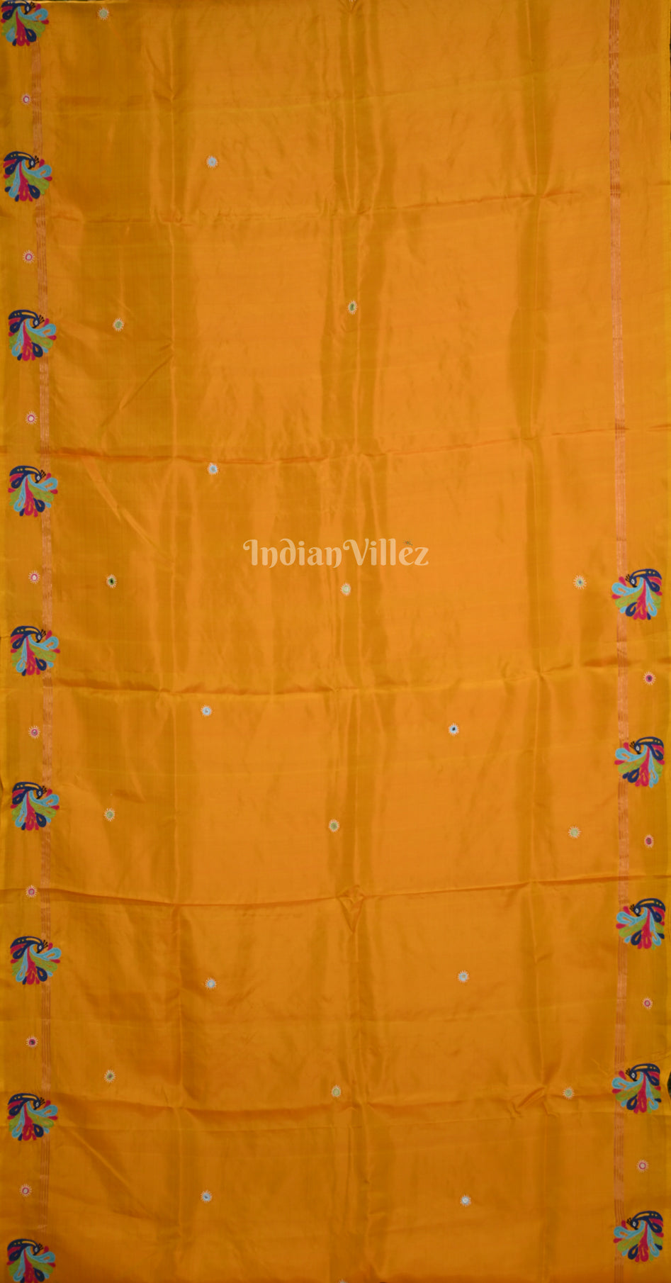 Mustard Yellow Peacock Motif Hand Embroidered Applique Work Saree