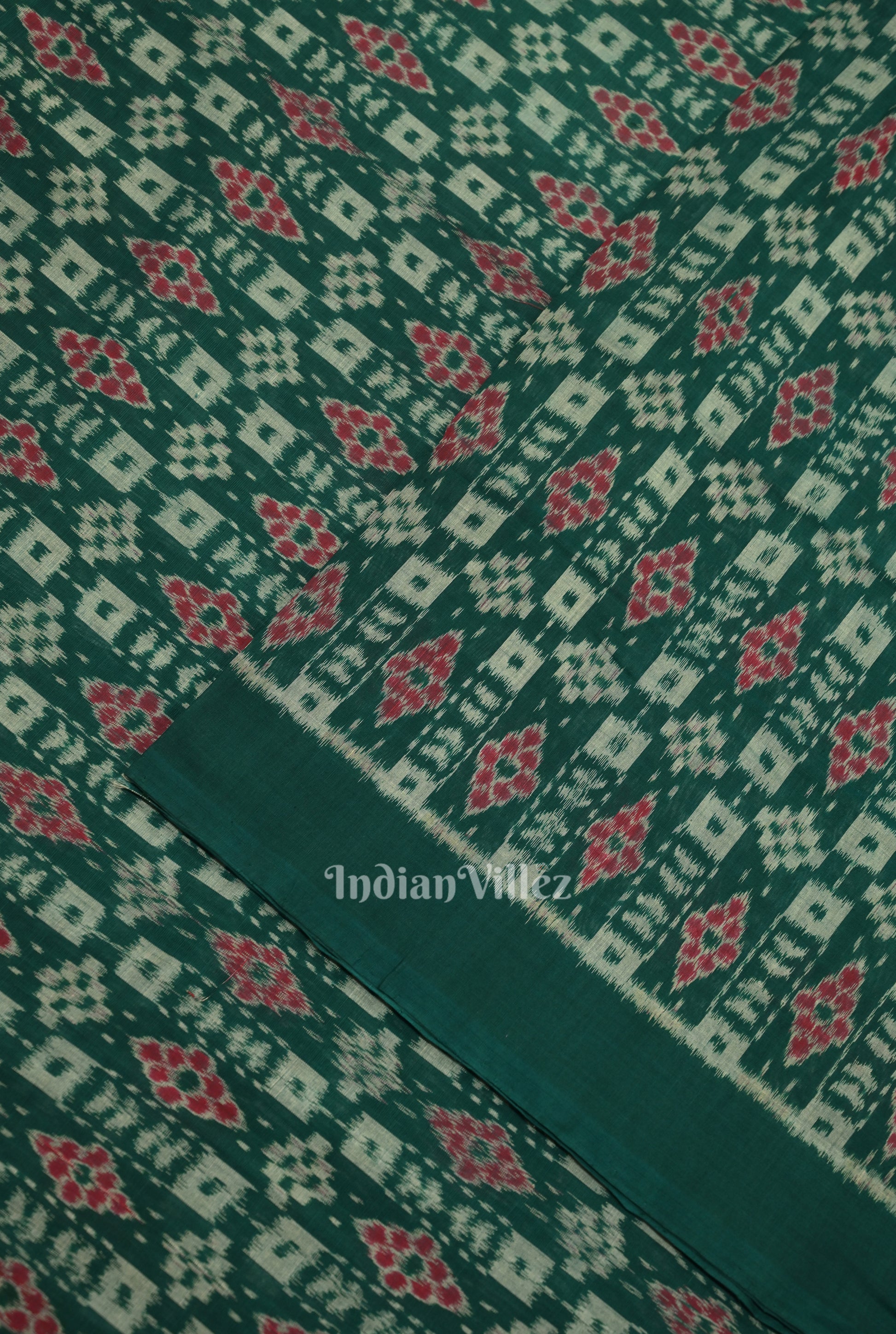 Green Floral Theme Sambalpuri Ikat Cotton Fabric 
