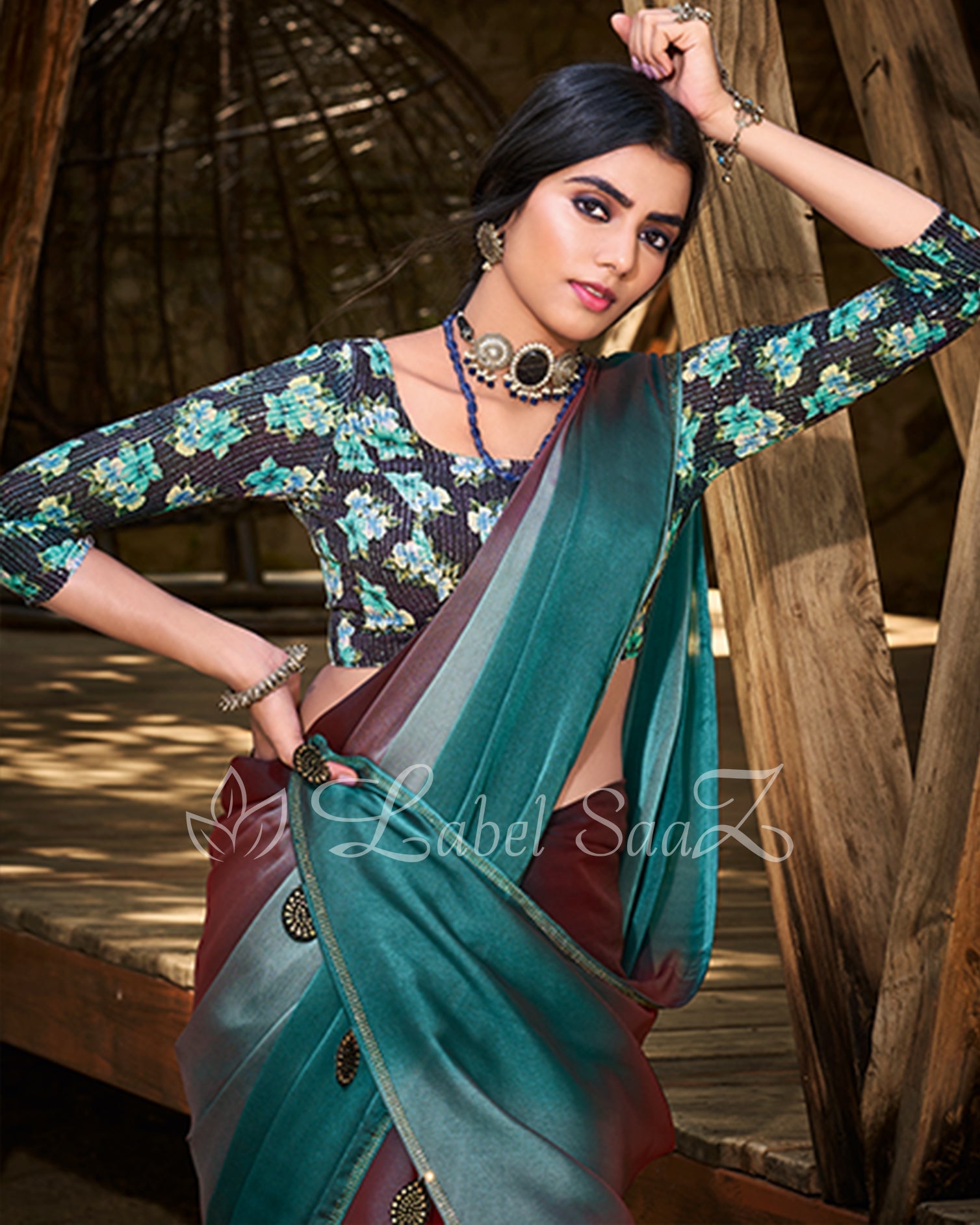 Wine  Rama Chiffon Saree with Floral Blouse 