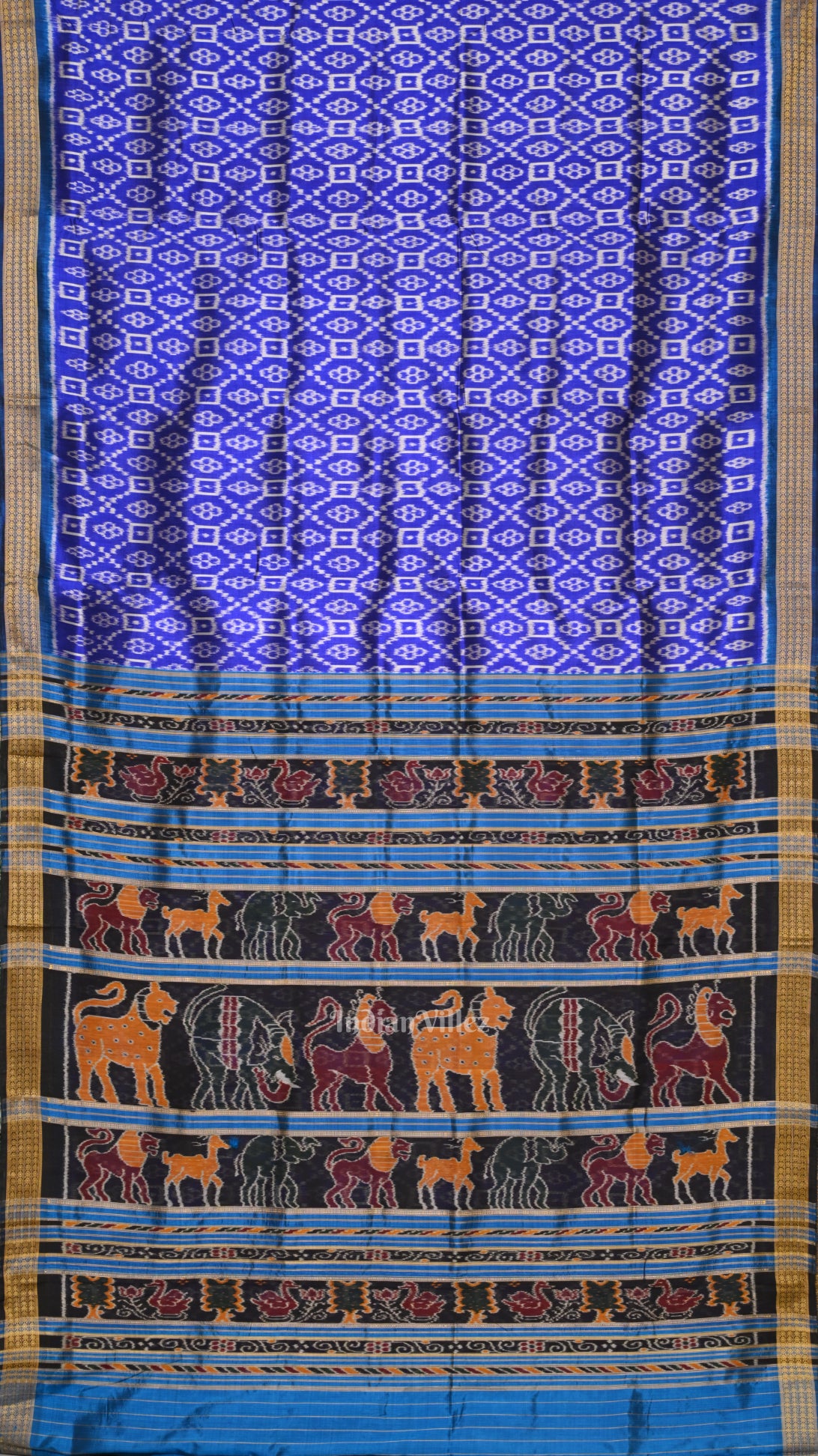 Indigo Blue Floral Odisha Ikat Khandua Silk Saree 