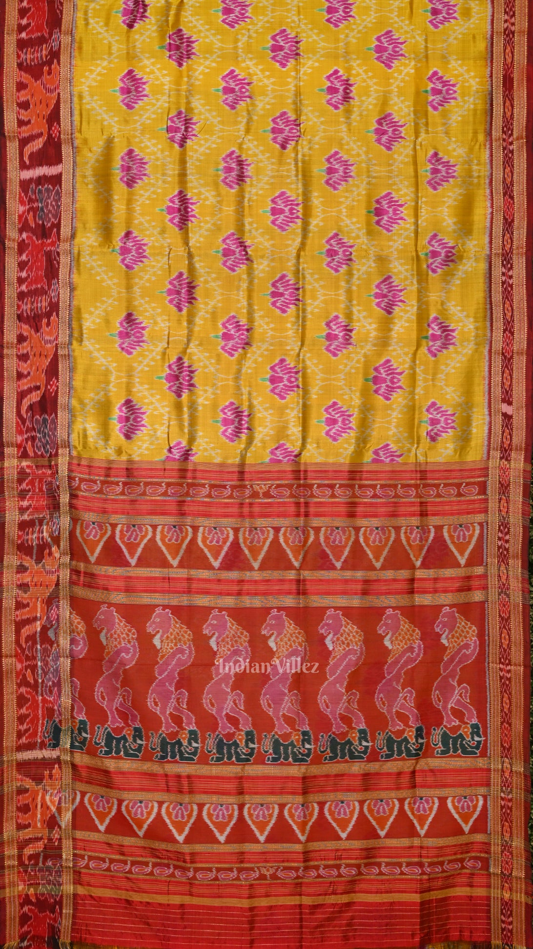 Golden Yellow Lotus Design Odisha Ikat Khandua Silk Saree with Animal Border
