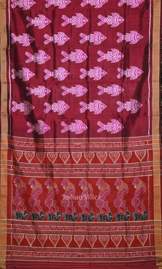 Maroon Red Fish Motif Odisha Ikat Sambalpuri Silk Saree