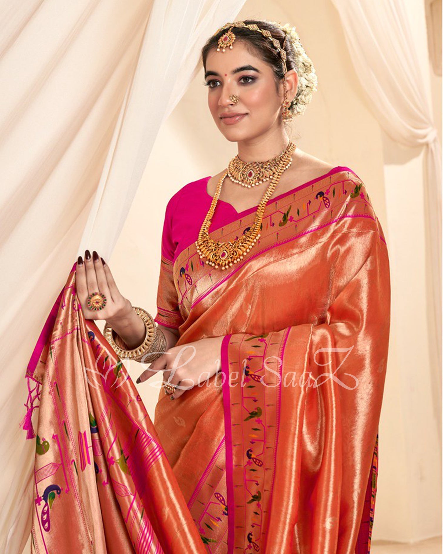 Orange Rewa Tissue Handloom Paithani Saree